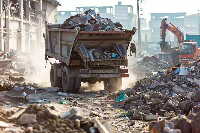 Autocarro con cassone trasporta detriti in cantiere a Parma e Cremona.