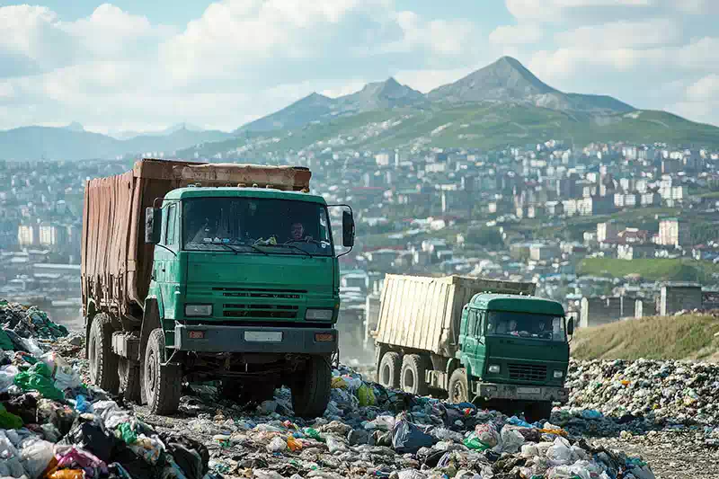 Camion verdi per il ritiro rifiuti con sfondo naturale a Cremona e Parma.